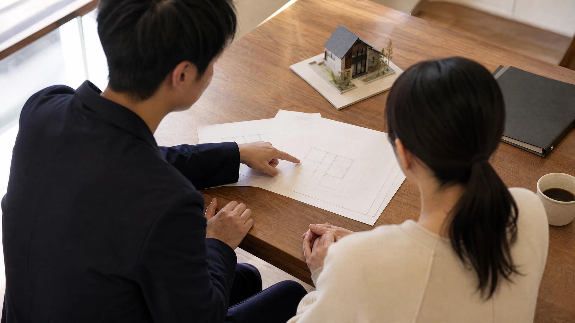 不動産会社のオフィスで業務改善プロジェクトの計画を立てる会議の様子