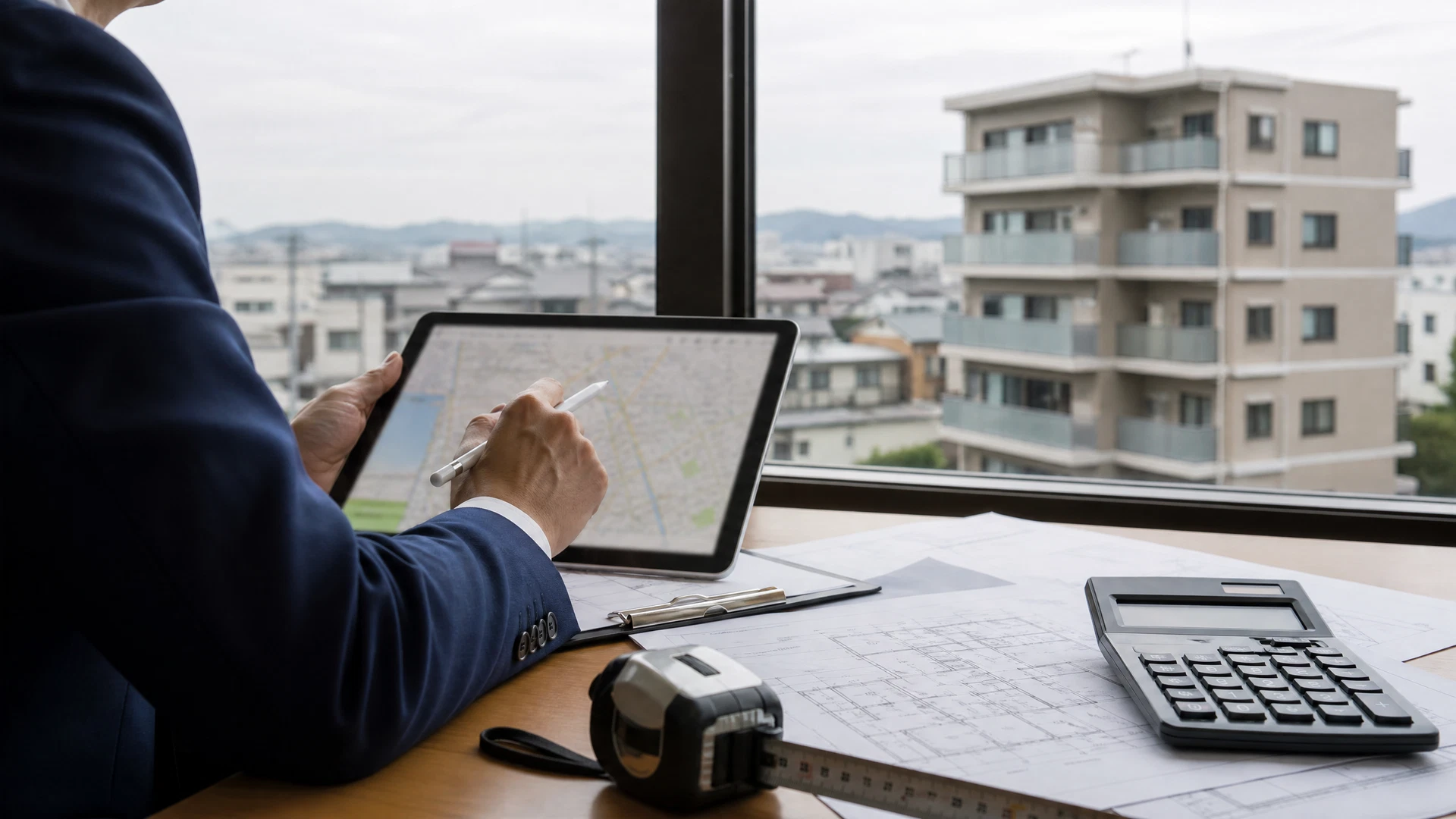 不動産査定資料が広がった机の俯瞰写真。地図、データ、タブレットで分析作業の様子を示す