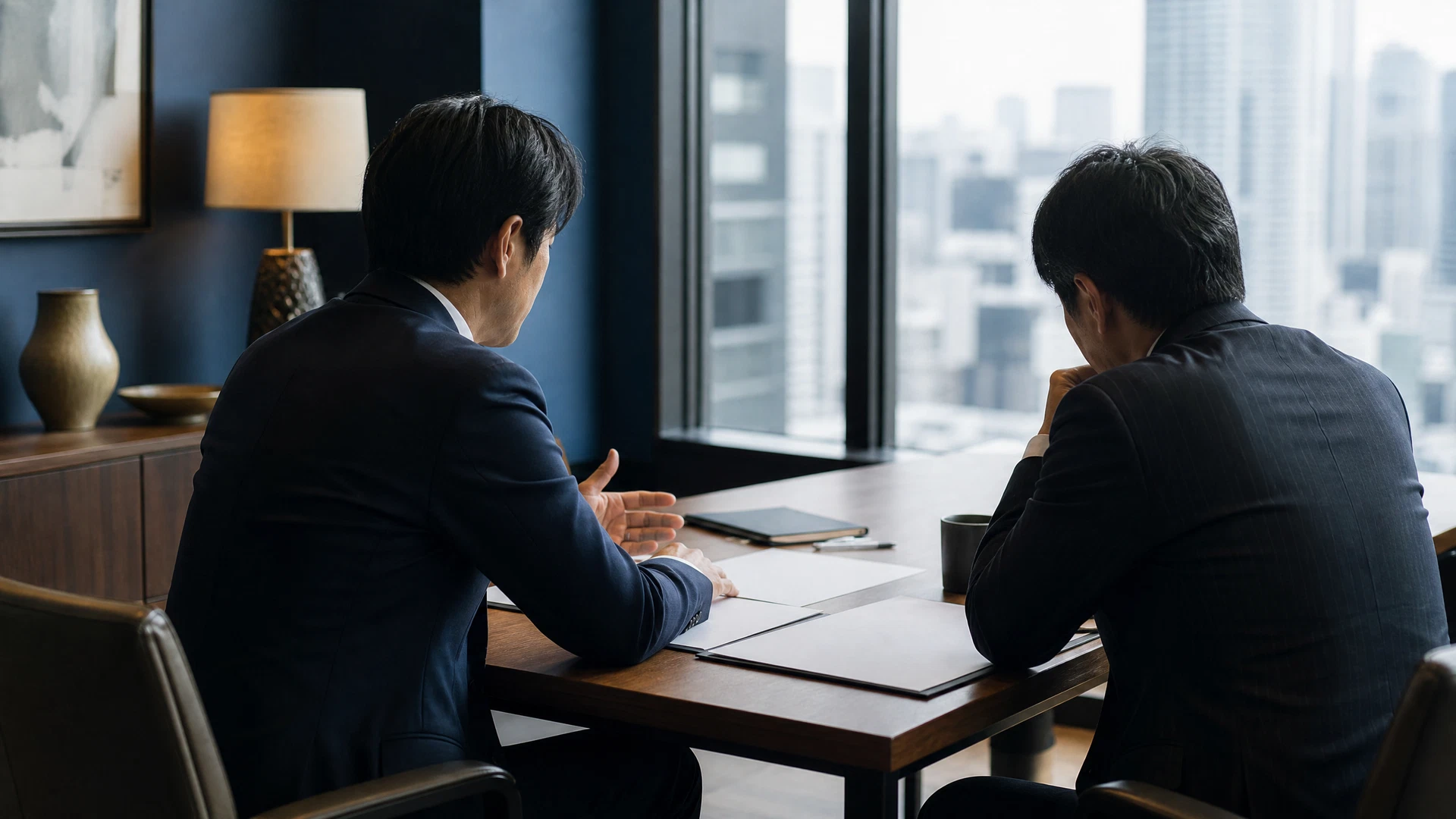 オフィスで経営者とともに業務フローを見直す外部人材の様子
