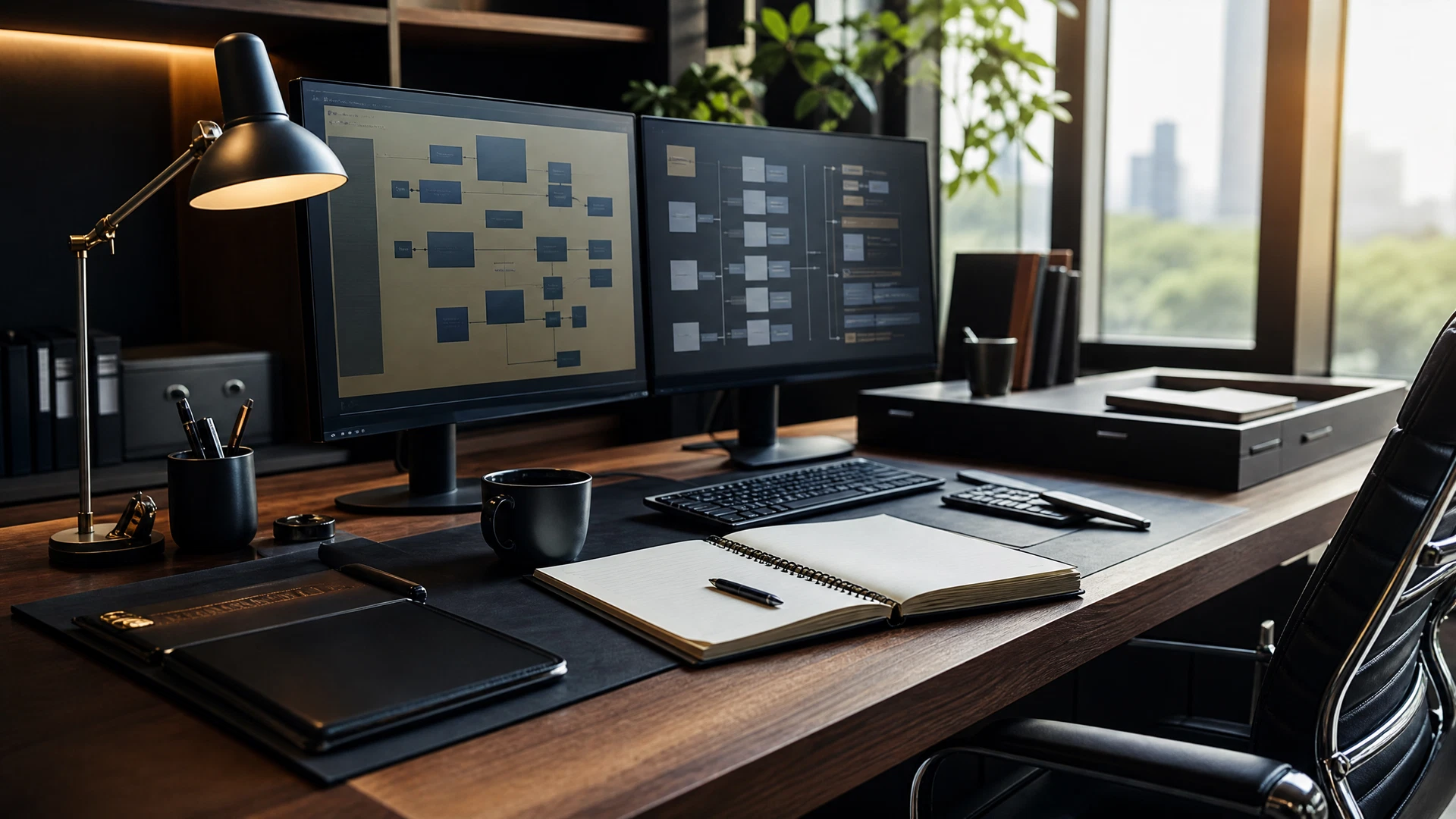 経営者が複数の顧問先資料とノートPCを使って業務を整理している俯瞰写真