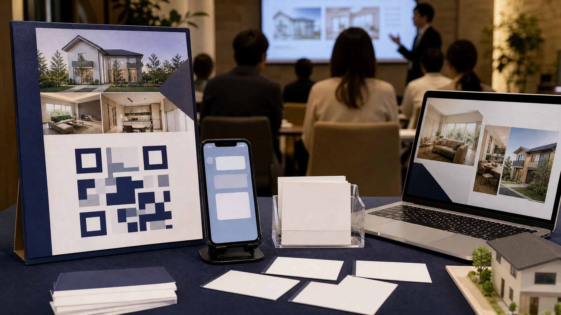 小規模会議室でZoomウェビナーを配信する様子、デスク上にノートPC・マイク・資料・スマートフォンのLINE通知画面