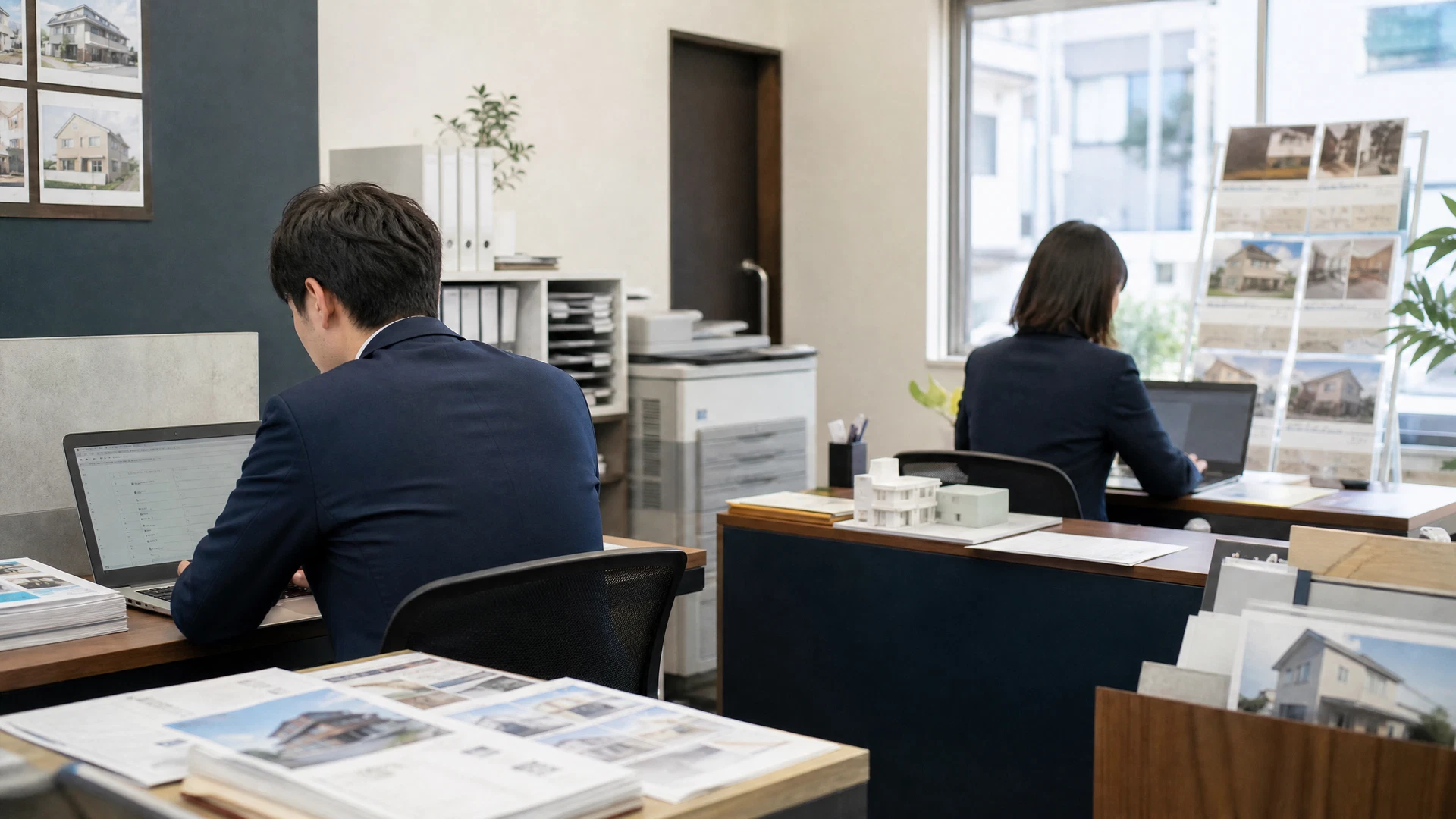 経営ダッシュボードを確認しながら打ち合わせをする不動産会社の経営陣