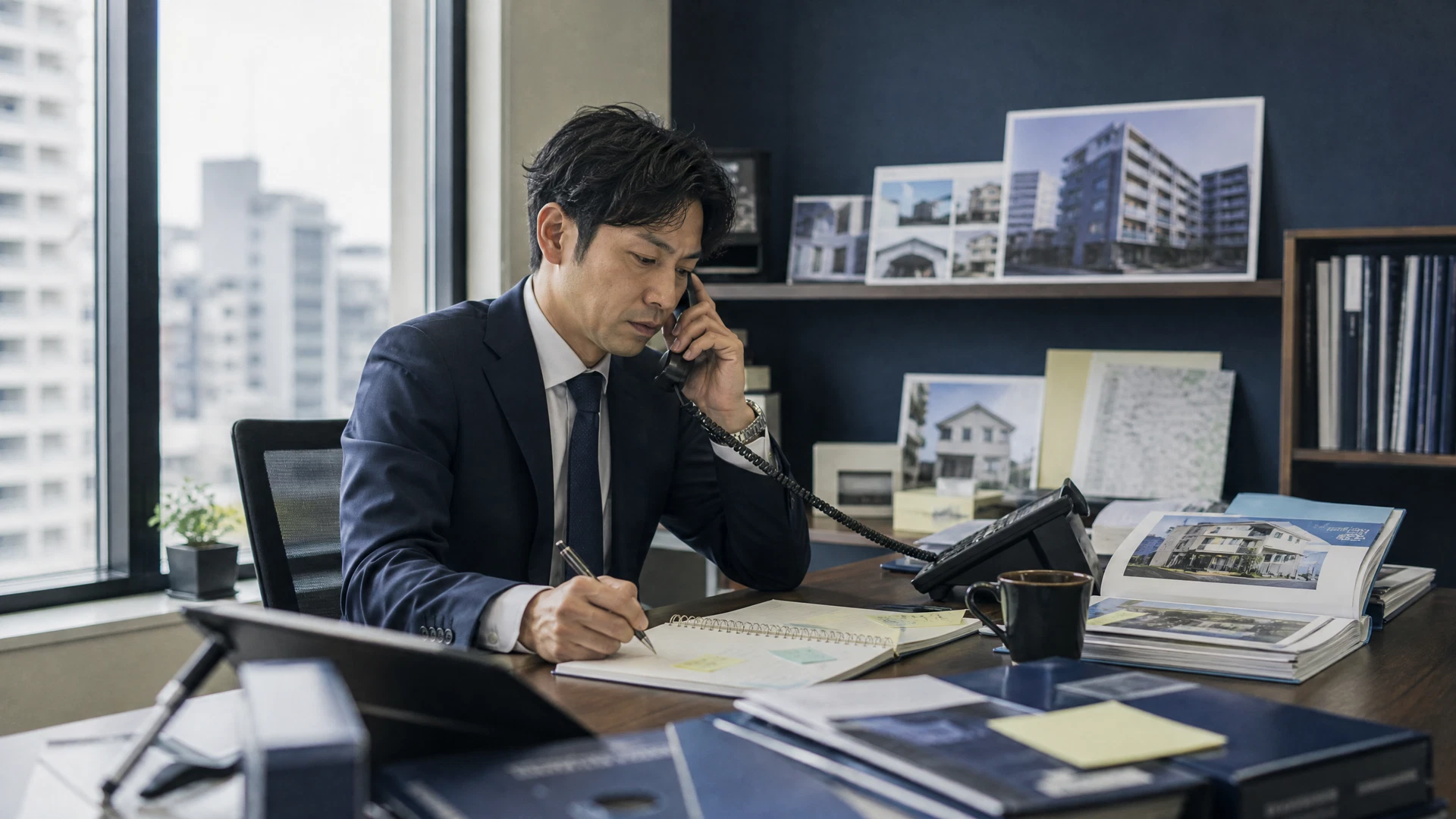 不動産仕入れ営業の担当者が仲介業者と商談している様子