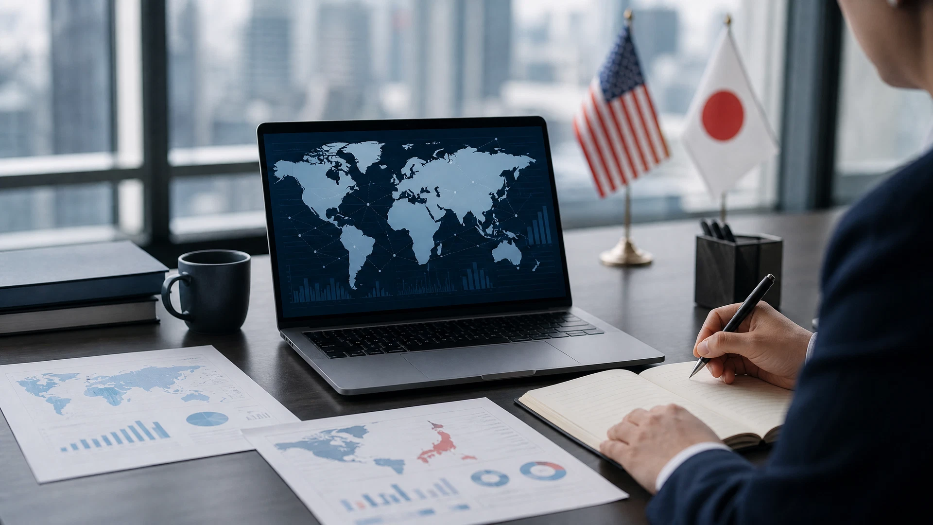 不動産会社のオフィスで営業担当がタブレット端末でAI反響対応システムを確認している様子
